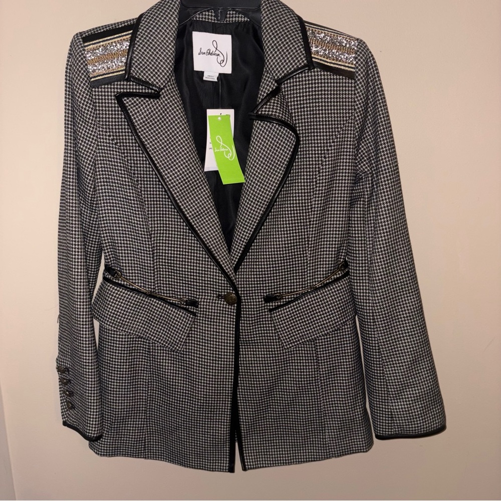 Sam Edelman Black and White Checkered Blazer with Gold Accents